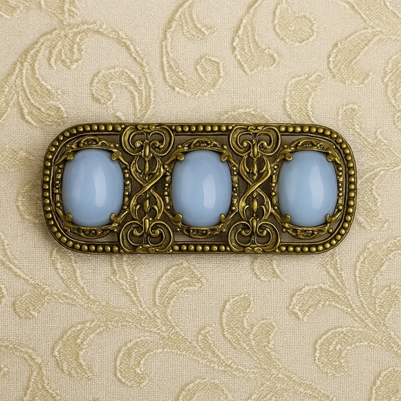 CZECH Art Deco Filigree Brooch – Opalescent Blue Glass | Wedding Something Blue - Picture 1 of 16